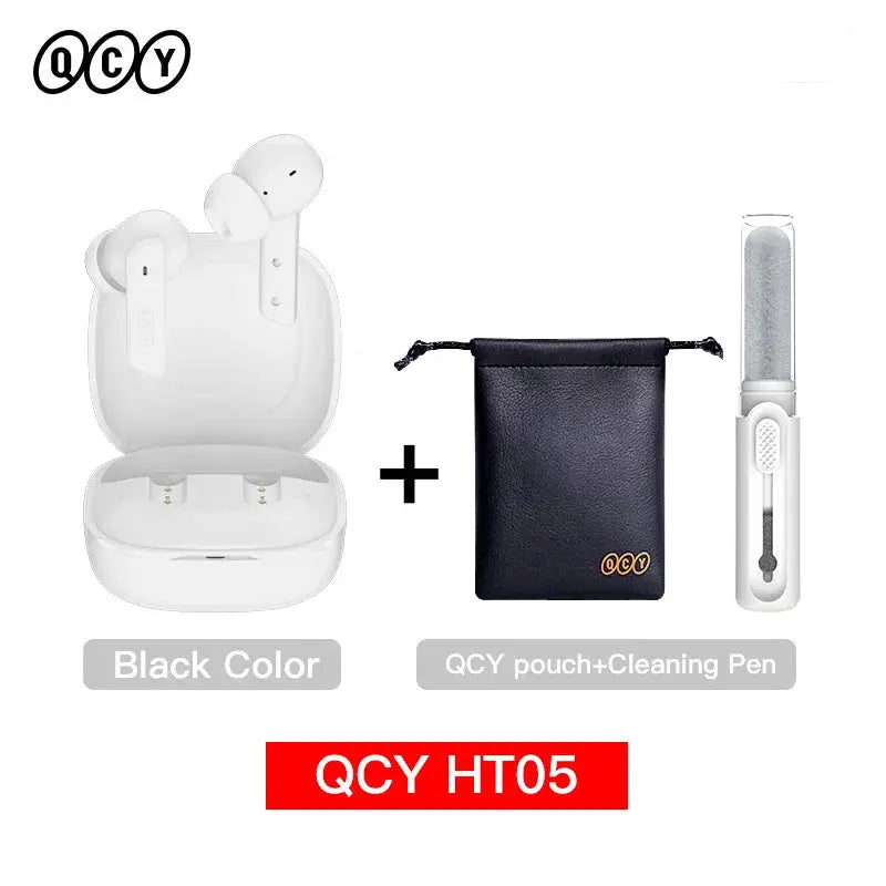 QCY HT05 wireless earphones with charging case, white; includes black pouch and cleaning pen (3-item set).