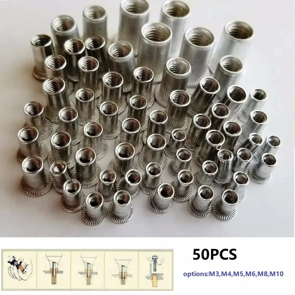 50 Pcs Rivet Nut Kit M3 To M12 304 Stainless Steel Flat Head Rivet Nuts Hand Rivet Nut Gun Head Manual Riveter Tool