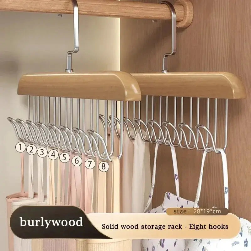 Solid wood storage rack with eight metal hooks for belts and garments