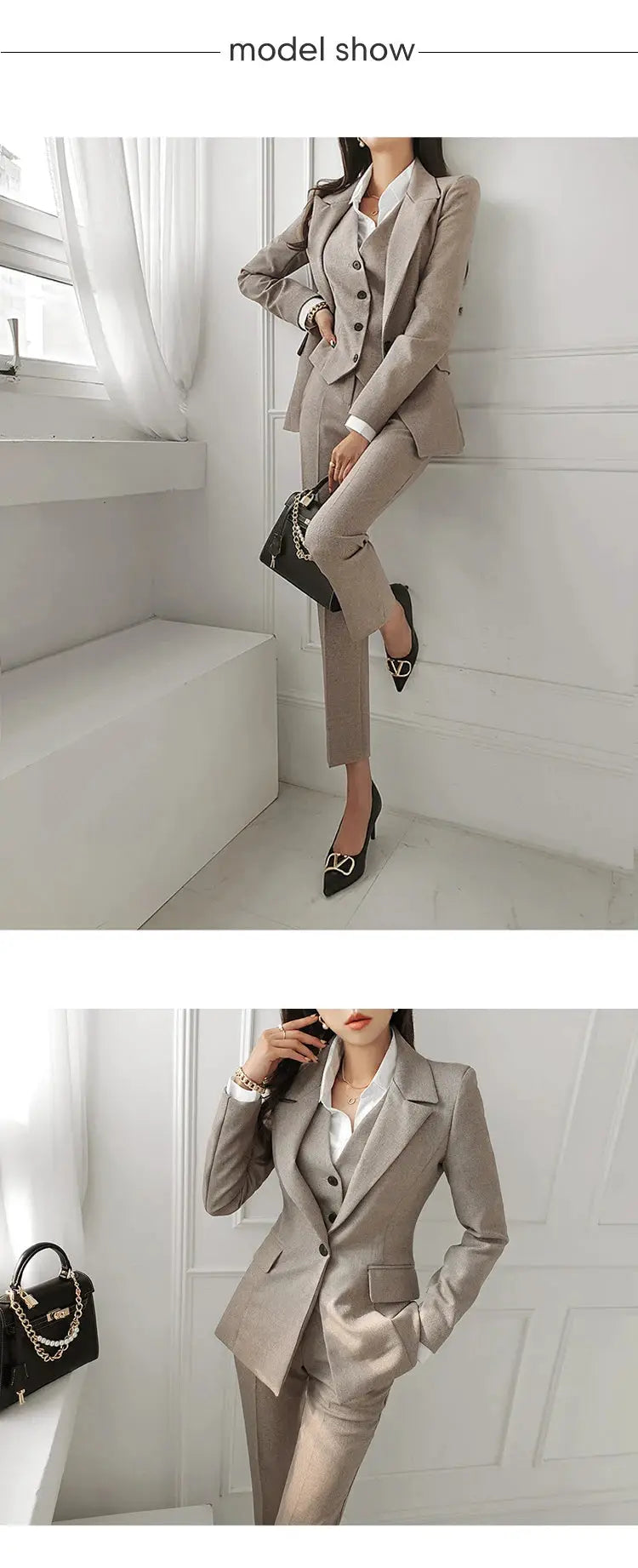 3-piece beige women's suit by Simples Market with blazer, vest and pants for office wear.