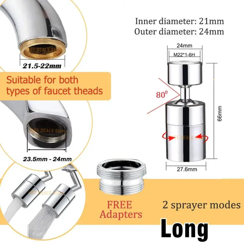 Simples Market chrome dual-function faucet aerator with 360° swivel, two spray modes, 2 adapters included.