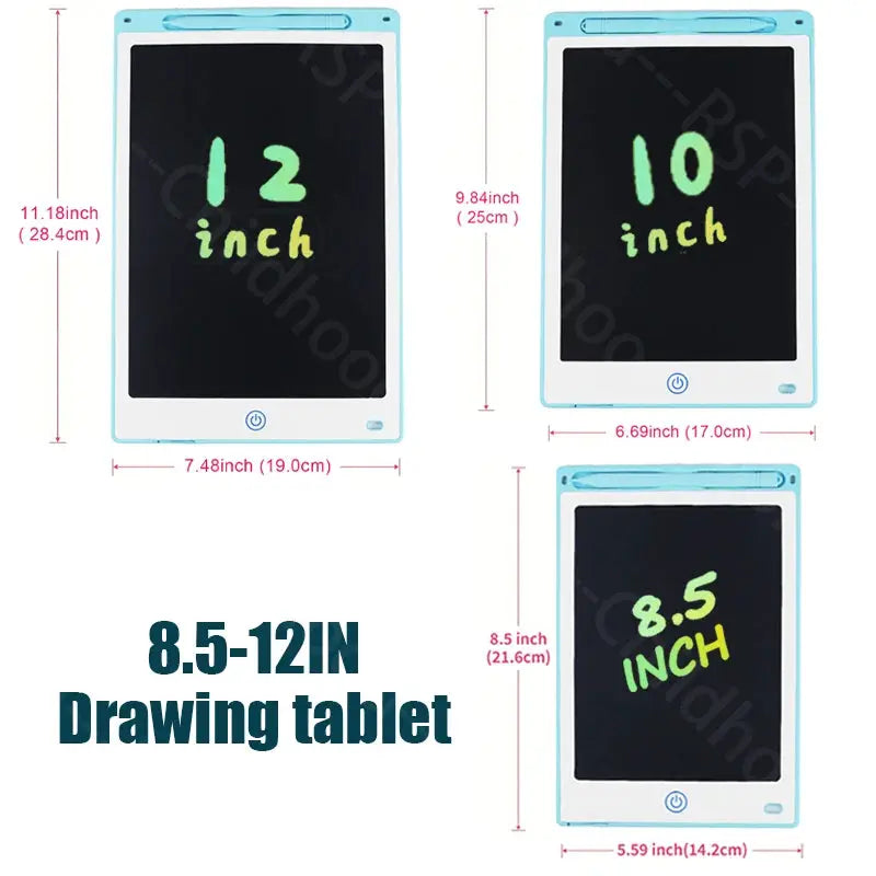 Simples Market 8.5/10/12in LCD drawing tablet set of 3 for kids, blue-framed erasable doodle boards.