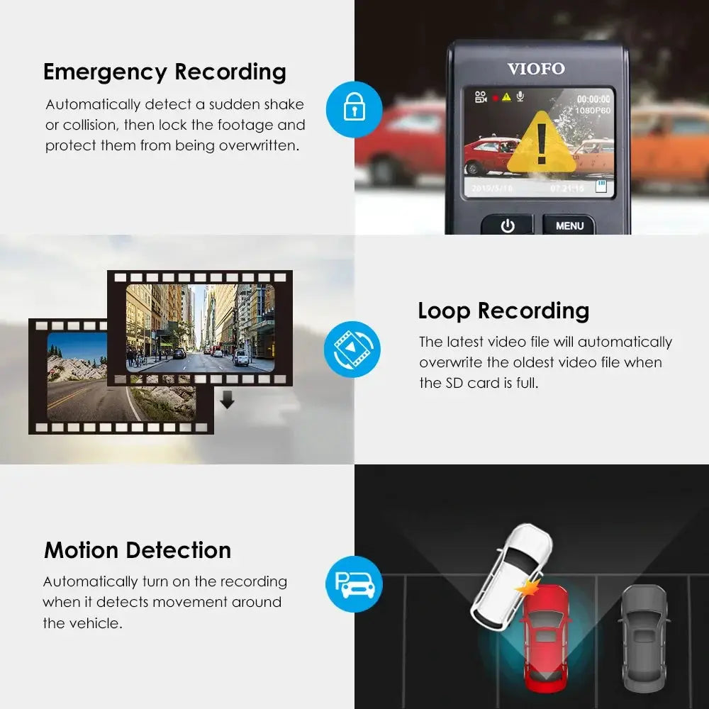 VIOFO A119 V3 black dash camera with 2K recording and G-sensor.