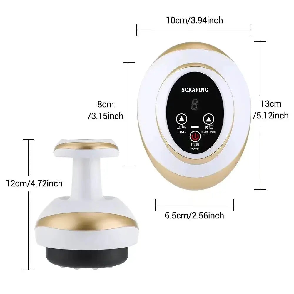 White and gold electric scraping massage cupping massager with heating, handheld unit and digital control panel