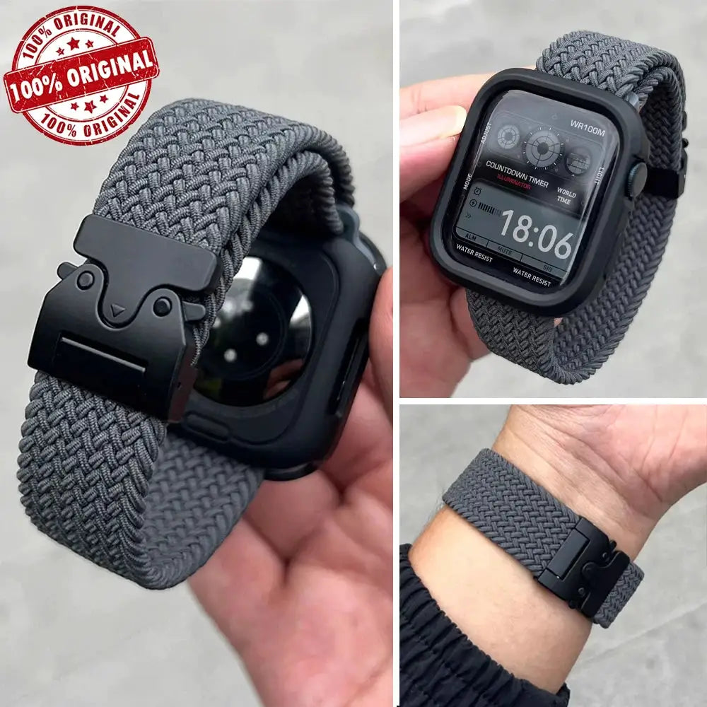 Parachute braided Apple Watch band in gray nylon with black clasp; compatible with Series 9/8/SE and various sizes