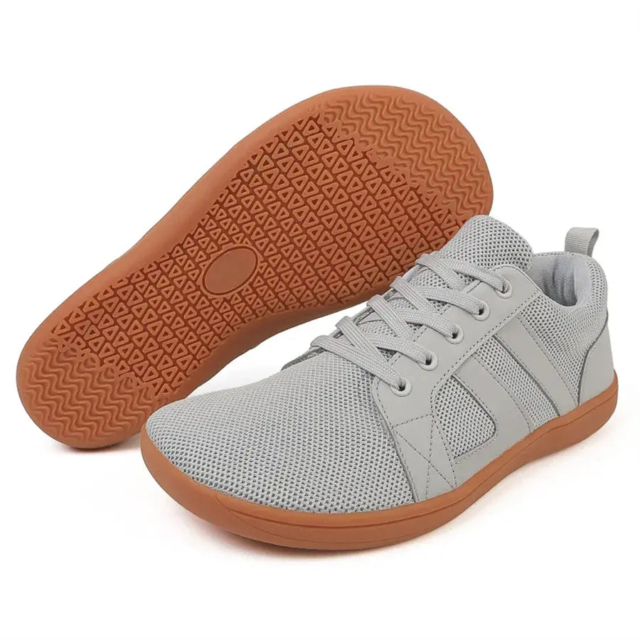 Wide-toed gray mesh casual sneakers with brown gum sole for walking and casual wear