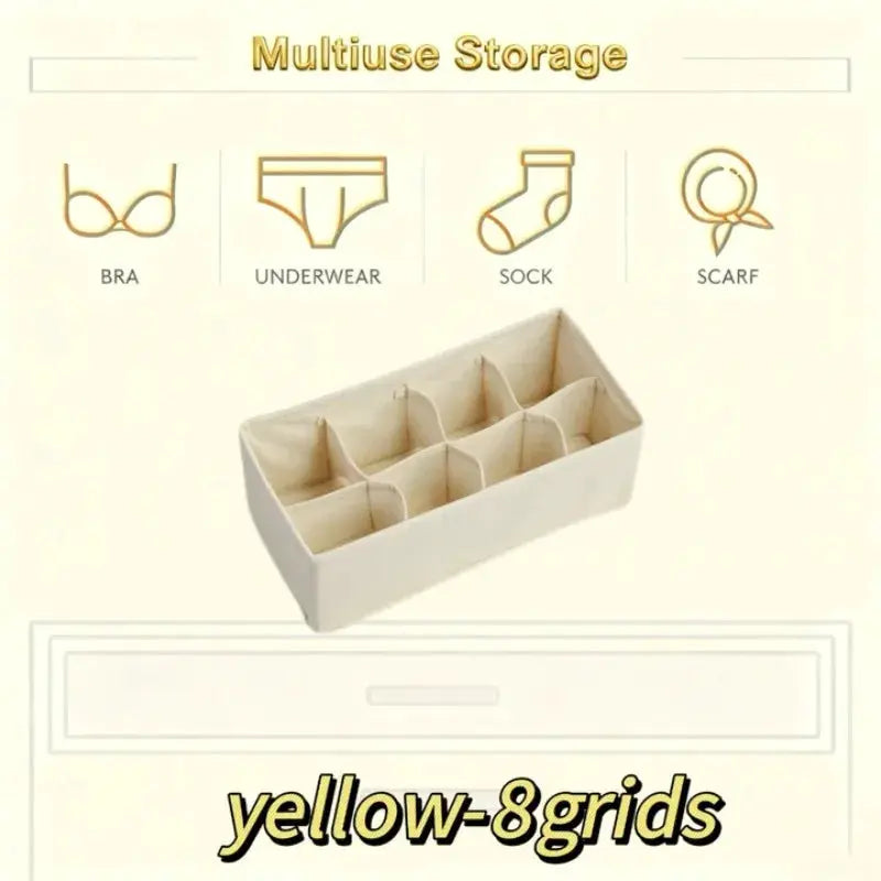 Beige 8-grid drawer underwear storage box for organizing underwear, bra, and socks.