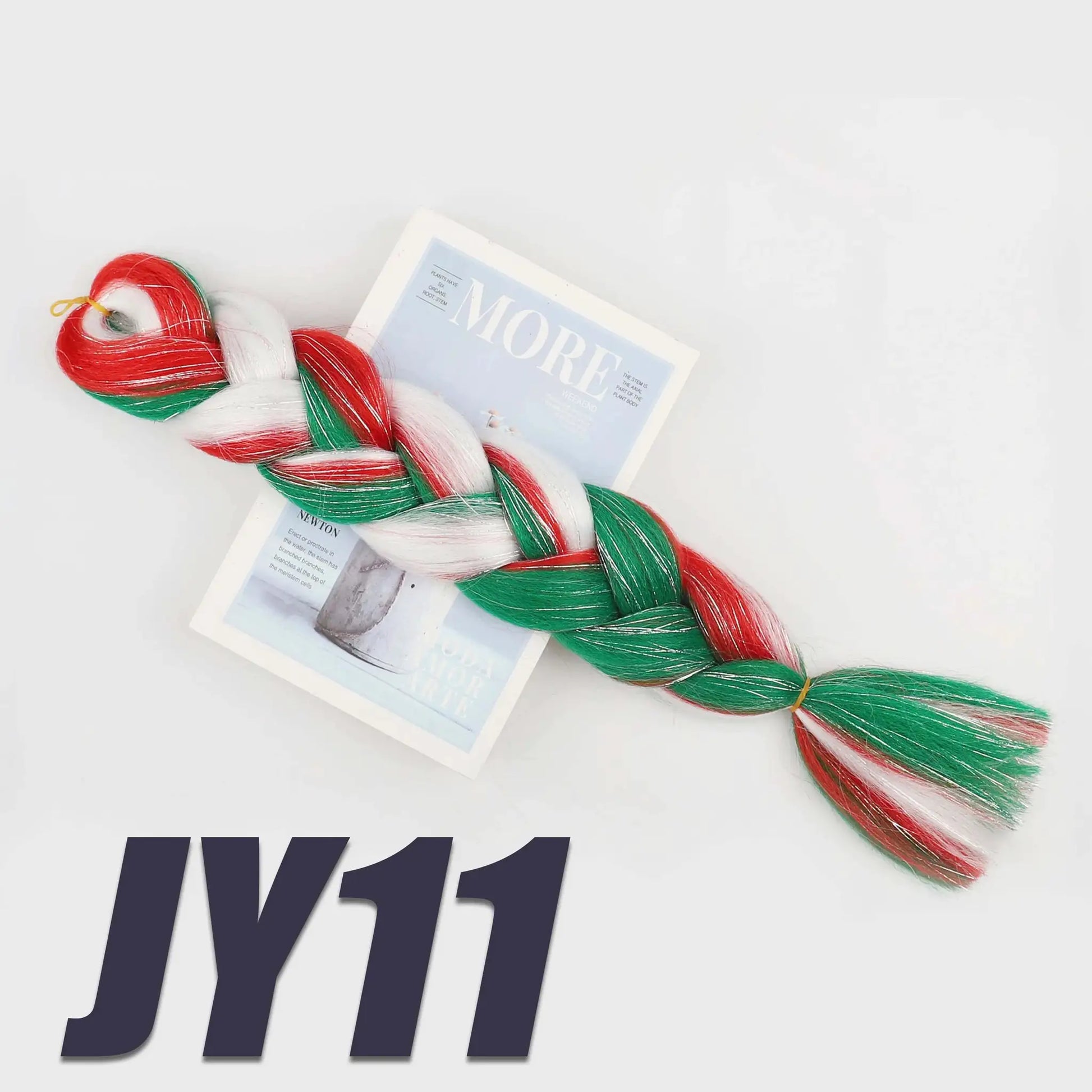 Synthetic Kanekalon crochet hair extensions bundle; pre-stretched jumbo braids in red, white & green with Nike backdrop
