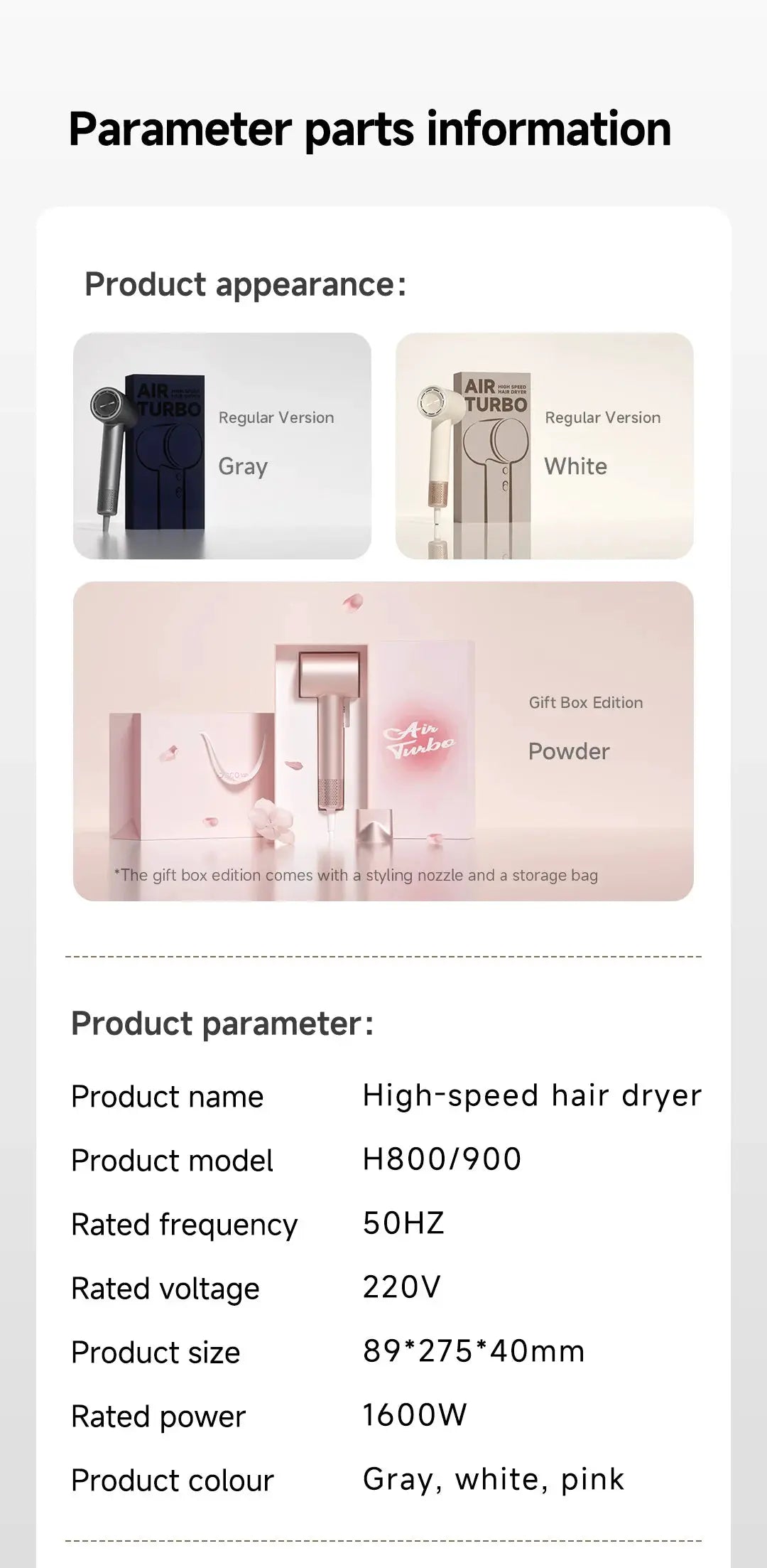 DOCO hair dryer in gray, white and pink variants with gift-box edition.