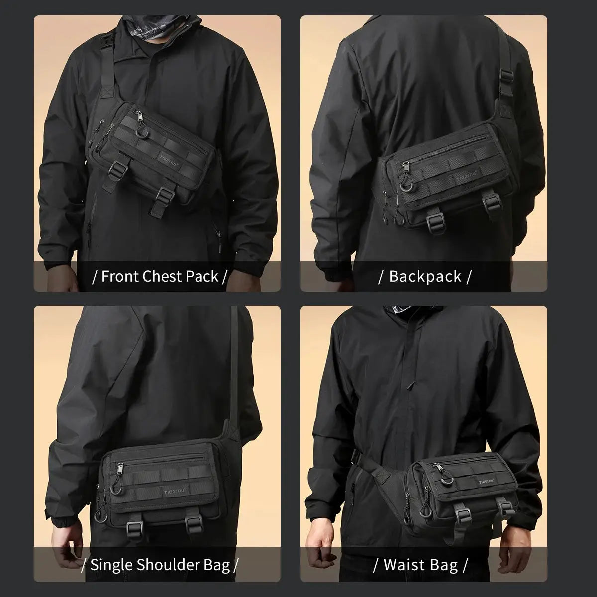 Tigernu black men's chest bag, outdoor crossbody sling with multiple pockets