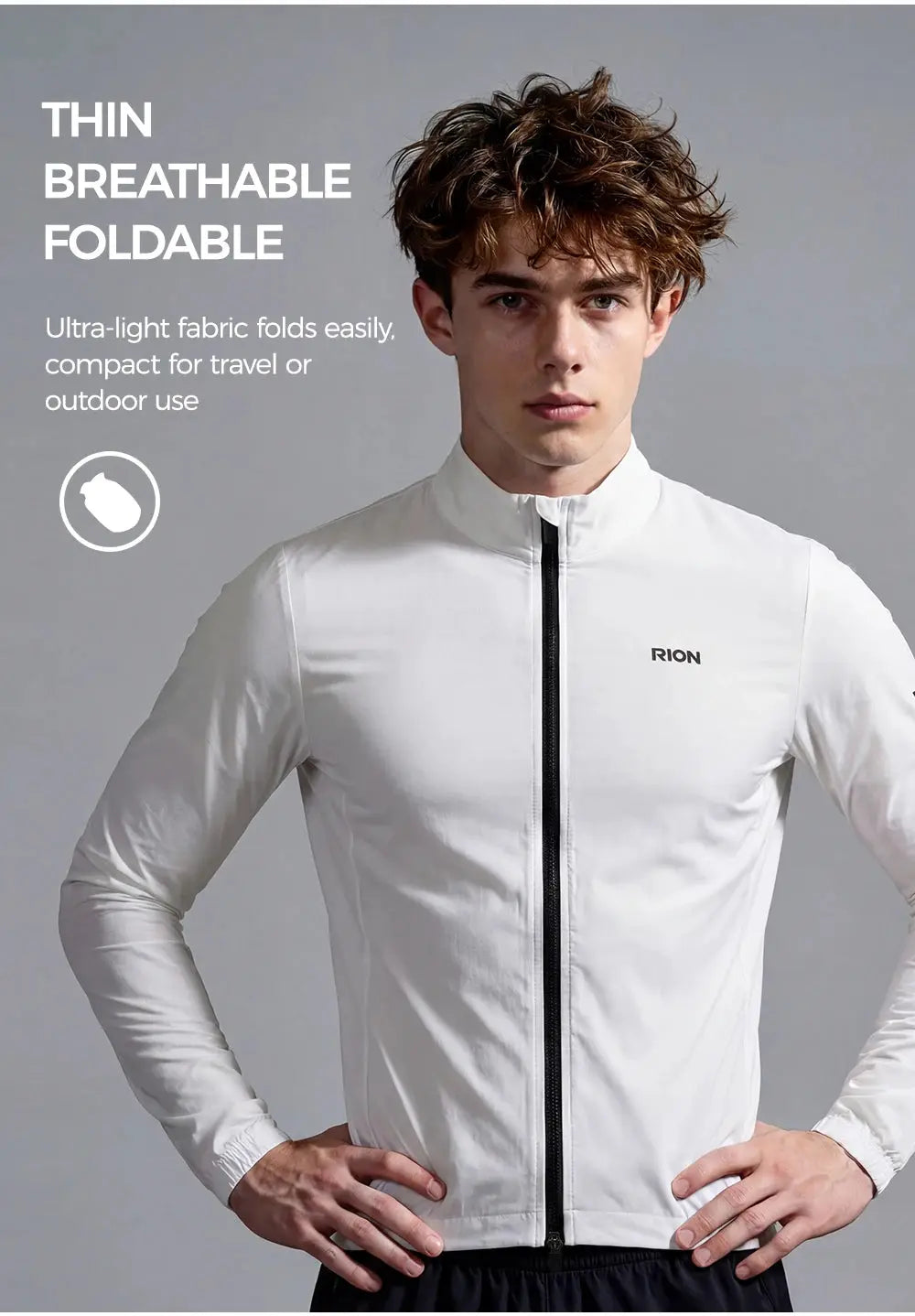 RION men's white long-sleeve windbreaker with front zipper; lightweight, packable windproof outdoor coat.