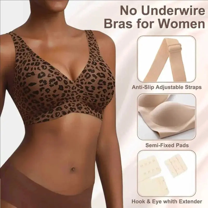 Leopard-print wireless seamless bra for women with full cup and soft support