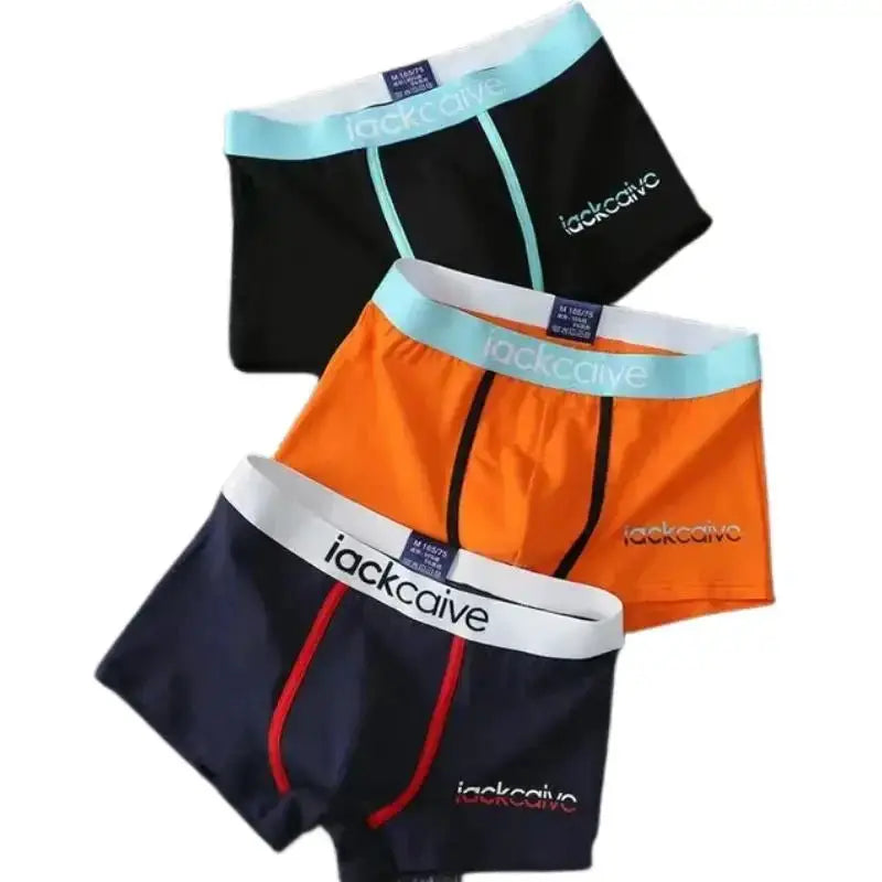 3-pack Simples Market men's cotton boxers in black, orange, and navy with contrasting waistbands
