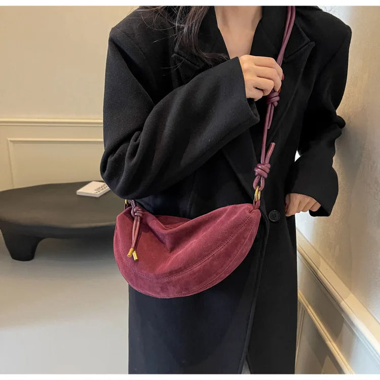 Faux suede shoulder bag for women by Simples Market, pink crossbody with knotted strap.