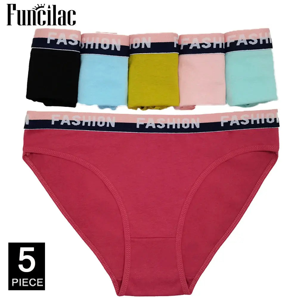 Five-piece women's cotton panties set in assorted colors; Funclac waistband, Simples Market