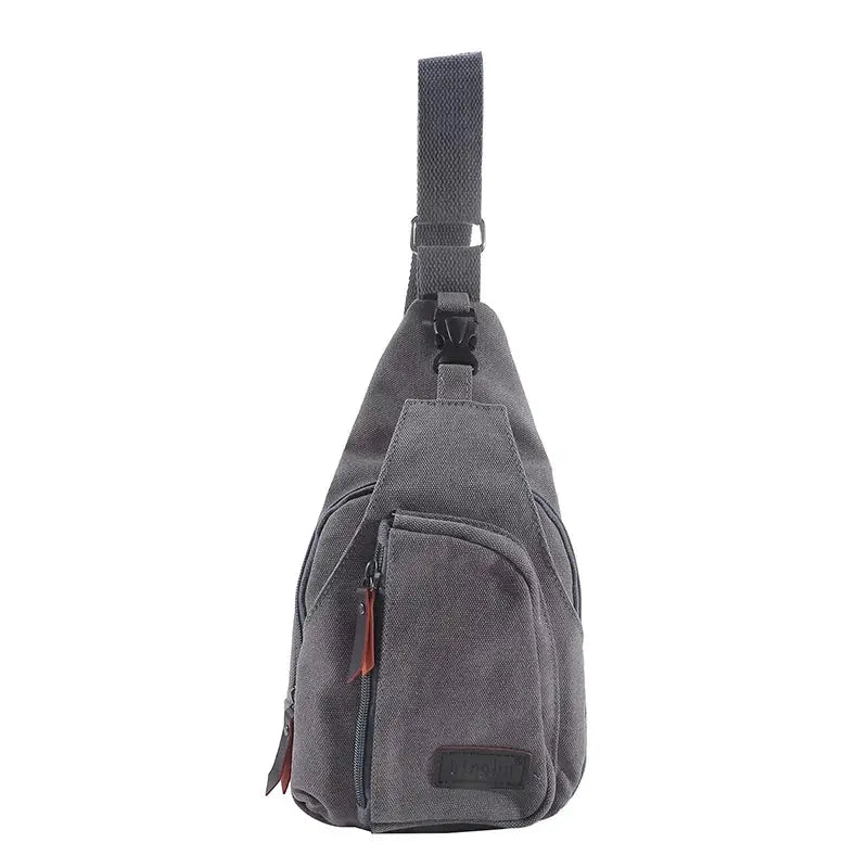 Mens vintage canvas satchel sling bag by Simples Market, grey canvas outdoor chest pack with multiple zip pockets