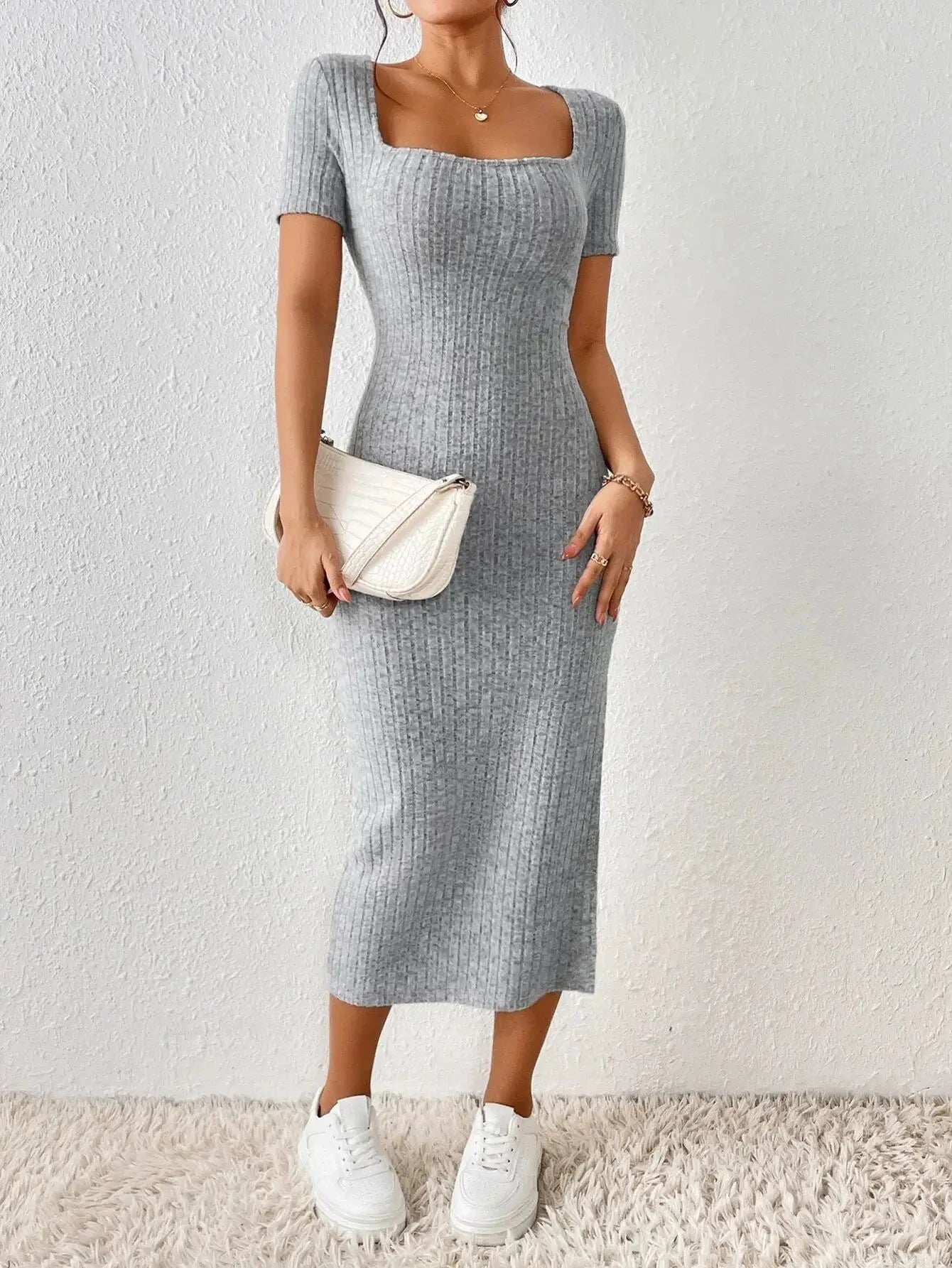 Women Spring Summer Knitted Dress With Square Collar Short Sleeve And Side Slits For Casual Chic