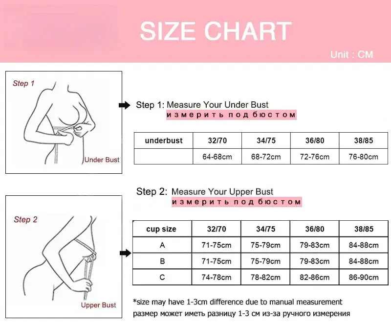 Bra size chart with Step 1 and Step 2 diagrams and underbust/cup size tables.