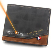Men's slim frosted black leather wallet with brown trim, customizable engraving, coin pocket and photo holder