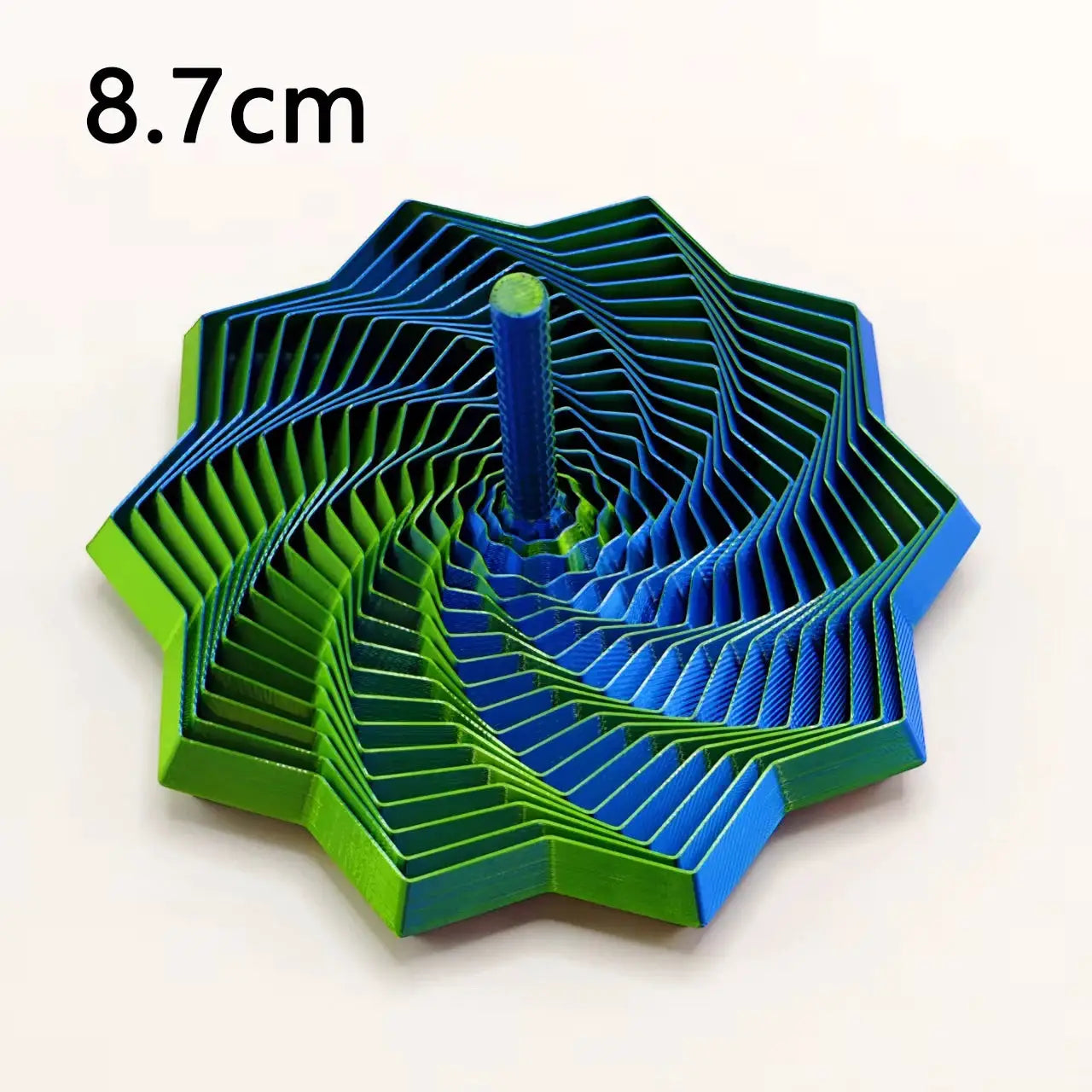 3D printed sensory fidget star model with hexagonal whirling spiral in blue and green layered plates from Simples Market.