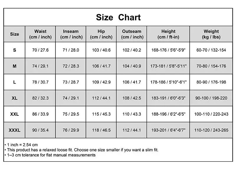 Men's cargo jogger pants size chart with waist, inseam, hip, outseam, height and weight ranges