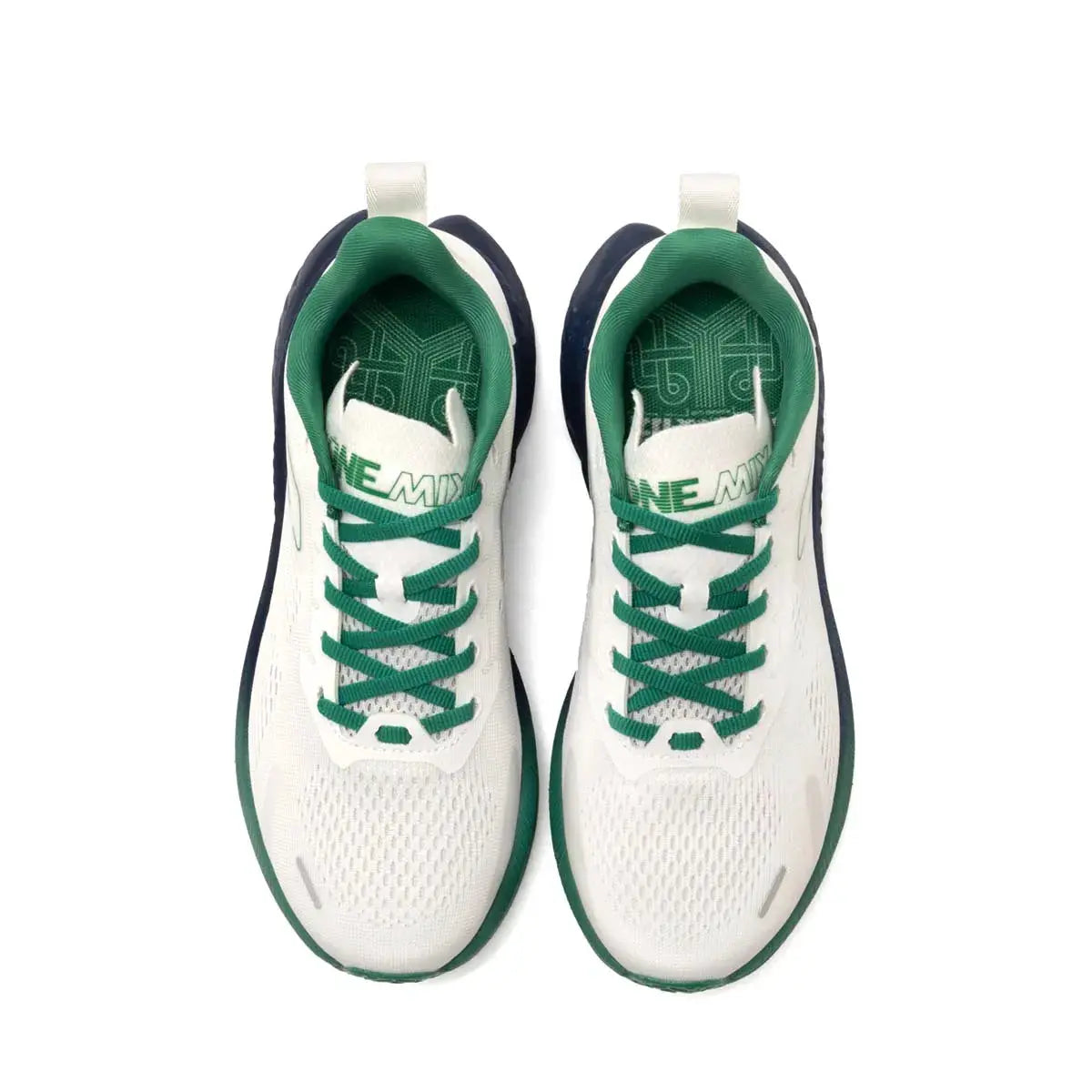 ONEMIX breathable mesh sneakers, white with green laces and green interior, pair of running shoes