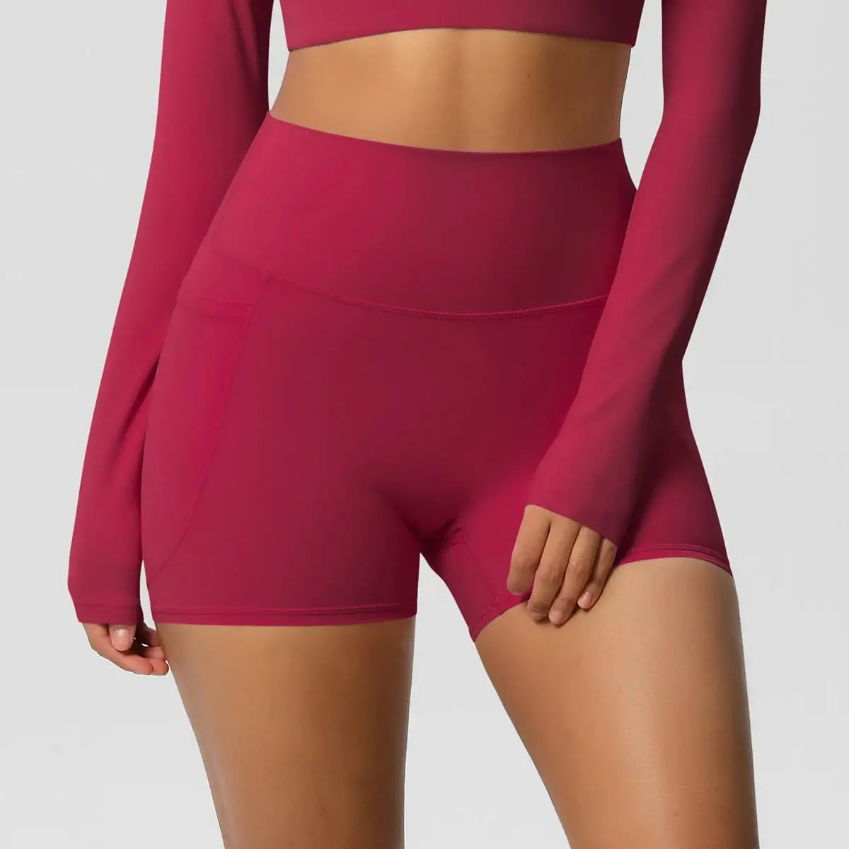 Simples Market women's pocketed yoga shorts, high-waist burgundy quick-dry fabric