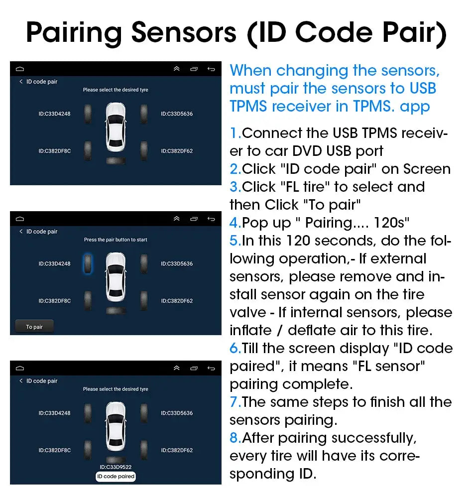 JMCQ USB Android TPMS display with 5 sensors; pairing instruction screens show a car diagram and sensor IDs on blue UI