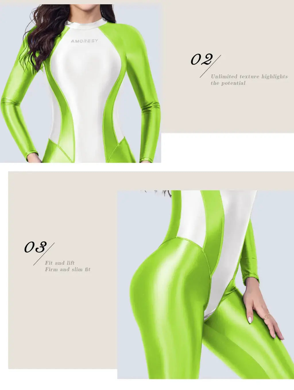 AMORESY women's wetlook catsuit in neon lime green and white with a glossy finish and zipper