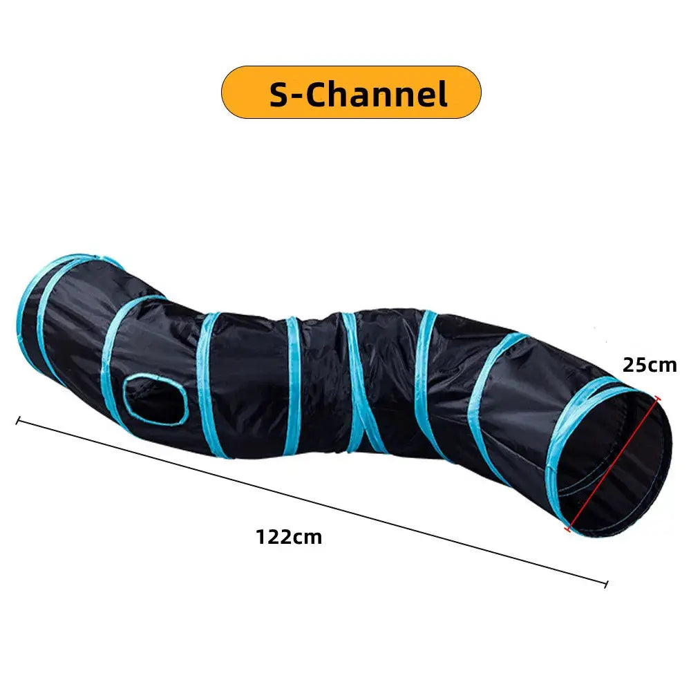 S-Channel cat tunnel toy; black foldable tube with blue seams, 122cm long and 25cm diameter.
