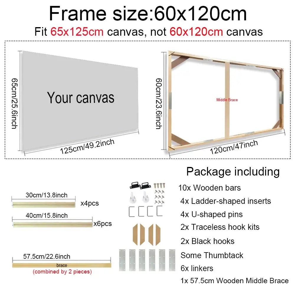 Simples Market natural wood canvas frame set, 60x120 cm outer frame; fits 65x125 cm canvas, includes bars and middle brace.