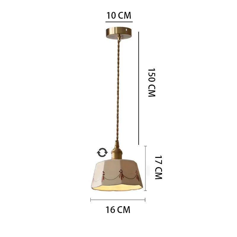 Japanese retro brass-glazed ceramic pendant chandelier with twisted cord and red motif shade