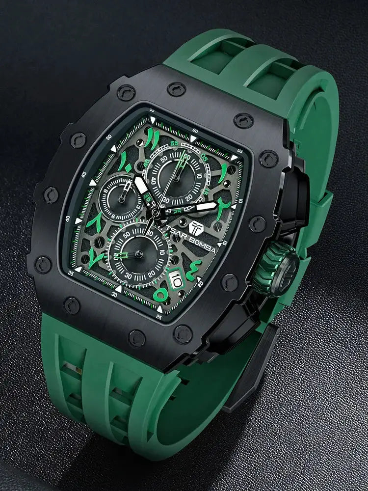 TSAR BOMBA men's luxury stainless steel watch with green strap and skeleton dial in black tonneau case