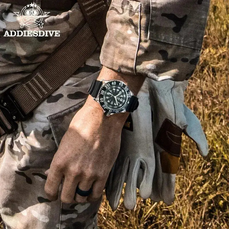 AddiesDIVE men's dive watch with calendar display, black dial, rotating bezel, 50m water resistance, black strap