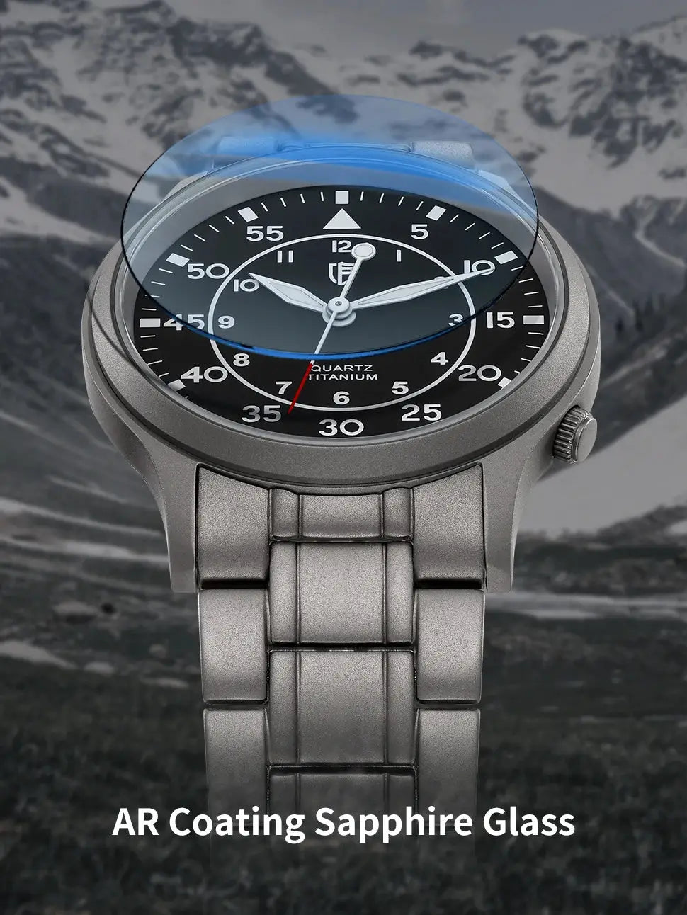 BERNY titanium quartz men's watch with AR-coated sapphire glass, luminous hands, black dial and metal bracelet