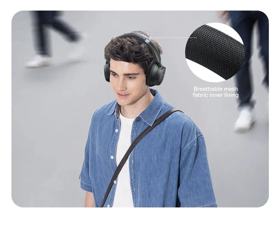 Baseus EH10 NC ANC wireless headphones, black over-ear with breathable mesh fabric inner lining.