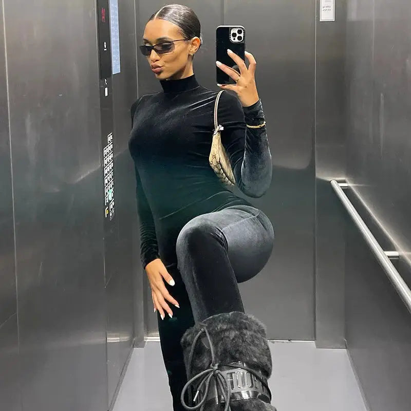 Dulzura Autumn Velvet black long-sleeve bodycon jumpsuit with zipper detail Simples Market