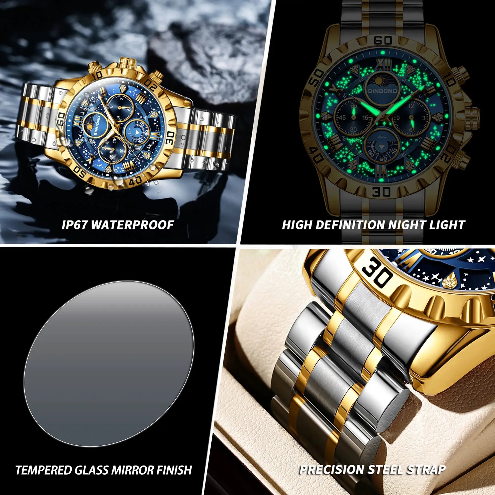 BINBOND men's luxury quartz chronograph watch, two-tone stainless steel bracelet with blue dial and luminous hands.