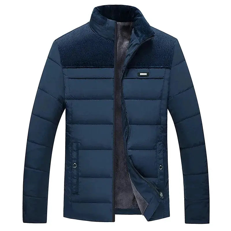 Men's navy blue Simples Market puffer jacket with stand collar, padded quilted panels and front zip