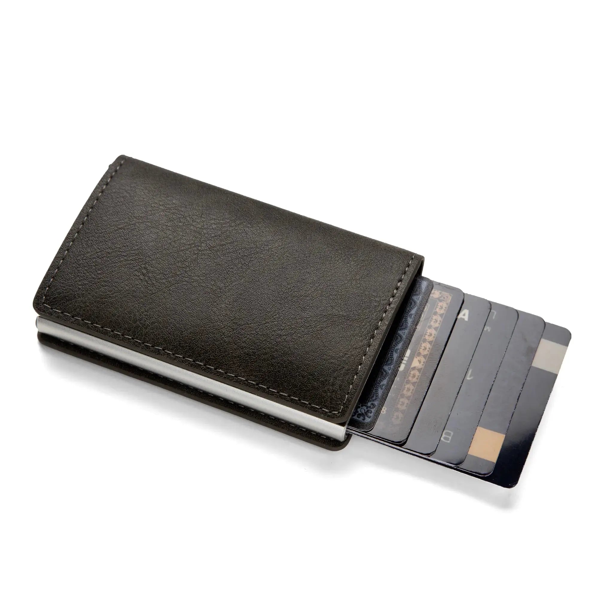 Anti-theft RFID card holder in black PU leather; minimalist slim wallet with 9 visible cards.