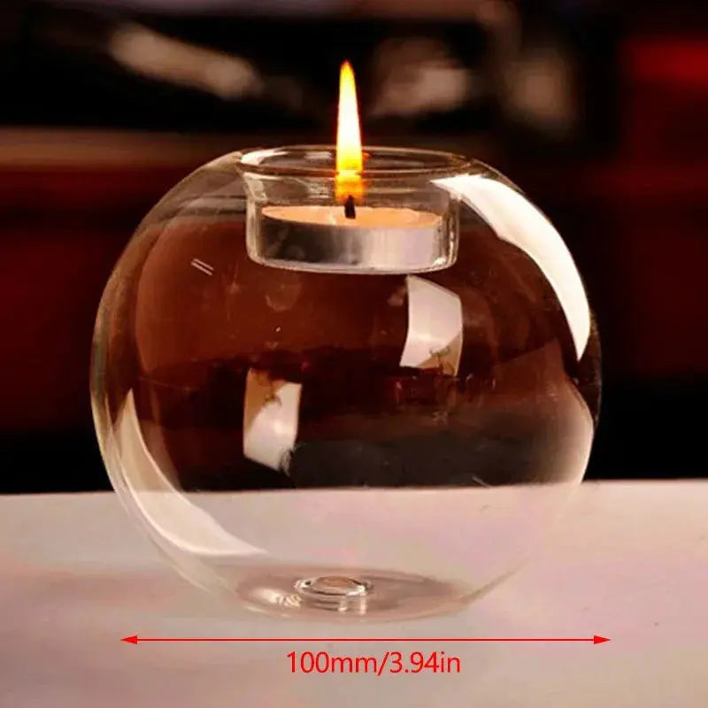 Elegant round glass candle holder by Simples Market, clear glass orb with tealight, European style centerpiece.