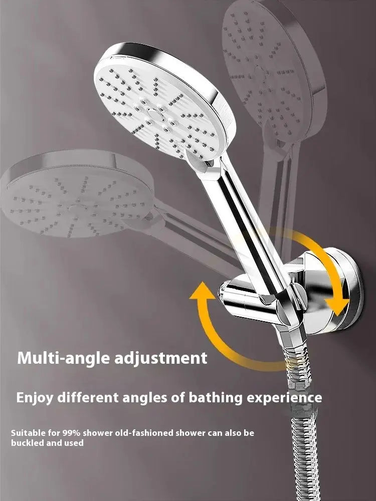 Shower head holder by Simples Market; round, adjustable wall-mounted bracket with self-adhesive base, chrome finish.