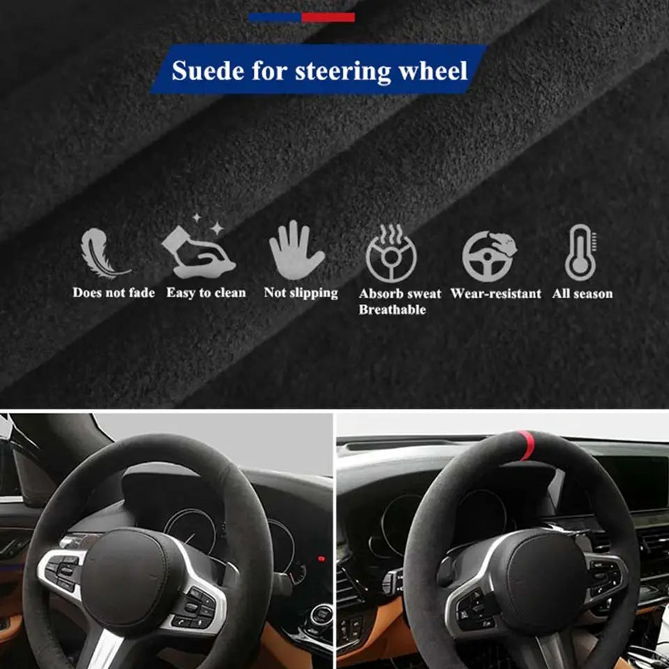 Black suede steering wheel cover with red top stripe; shown in two views.