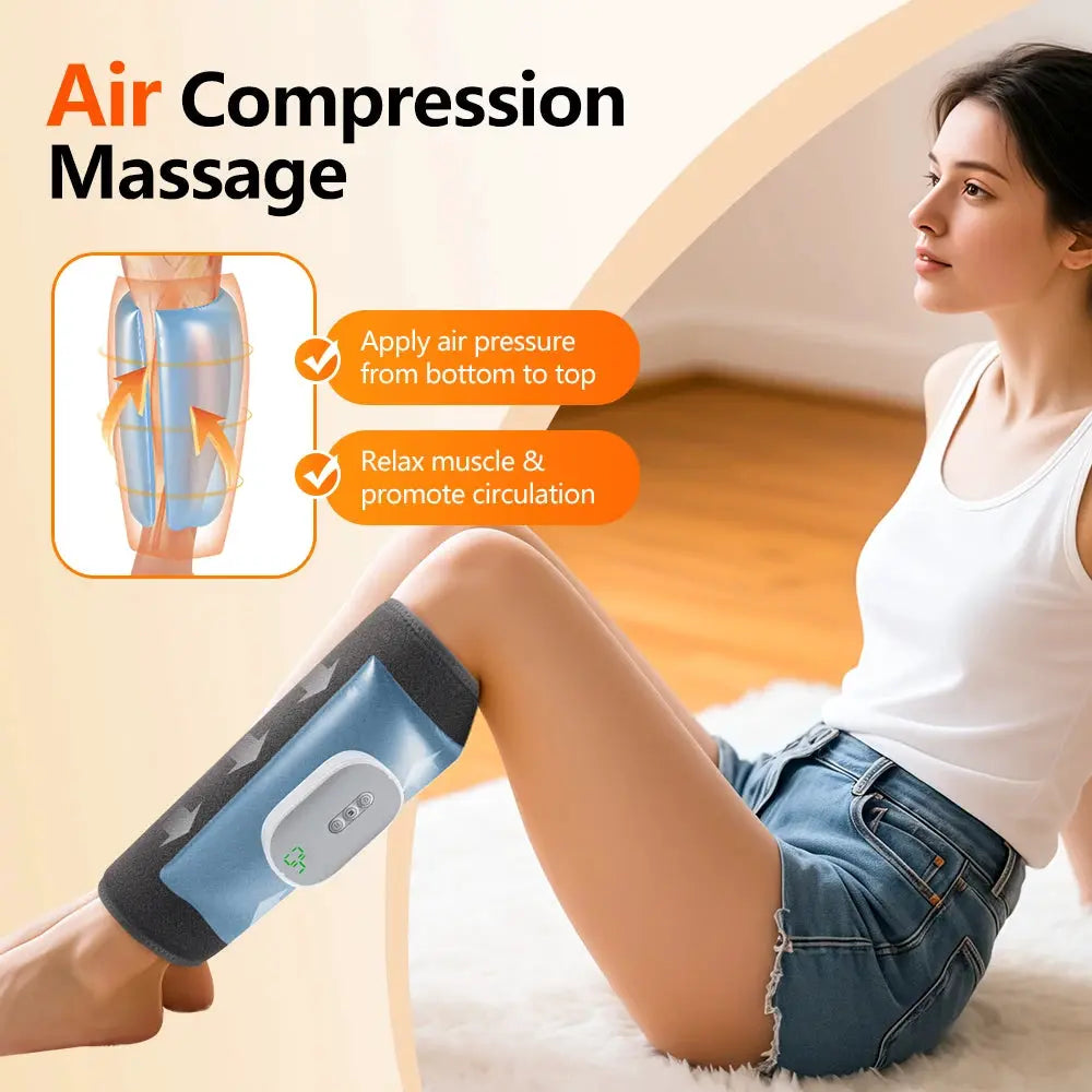 Electric 360° air-pressure calf massager worn on the leg; blue and black wrap with wireless controller, 3 massage modes.