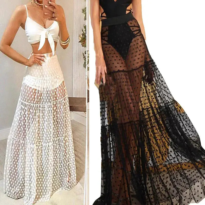Simples Market Y2K mesh polka dot maxi skirts, white and black, floor-length high-waist A-line 2-piece set