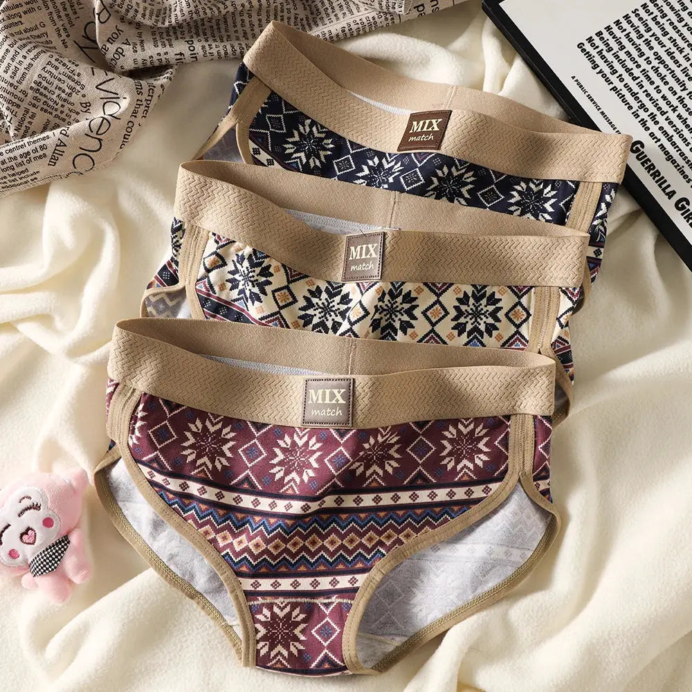 3-pack MIX match cotton women's briefs with vintage Nordic print in navy, beige, and maroon