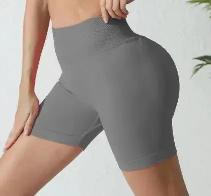 Women’s seamless high-waist gym shorts, gray tight-fit bike shorts for yoga and training