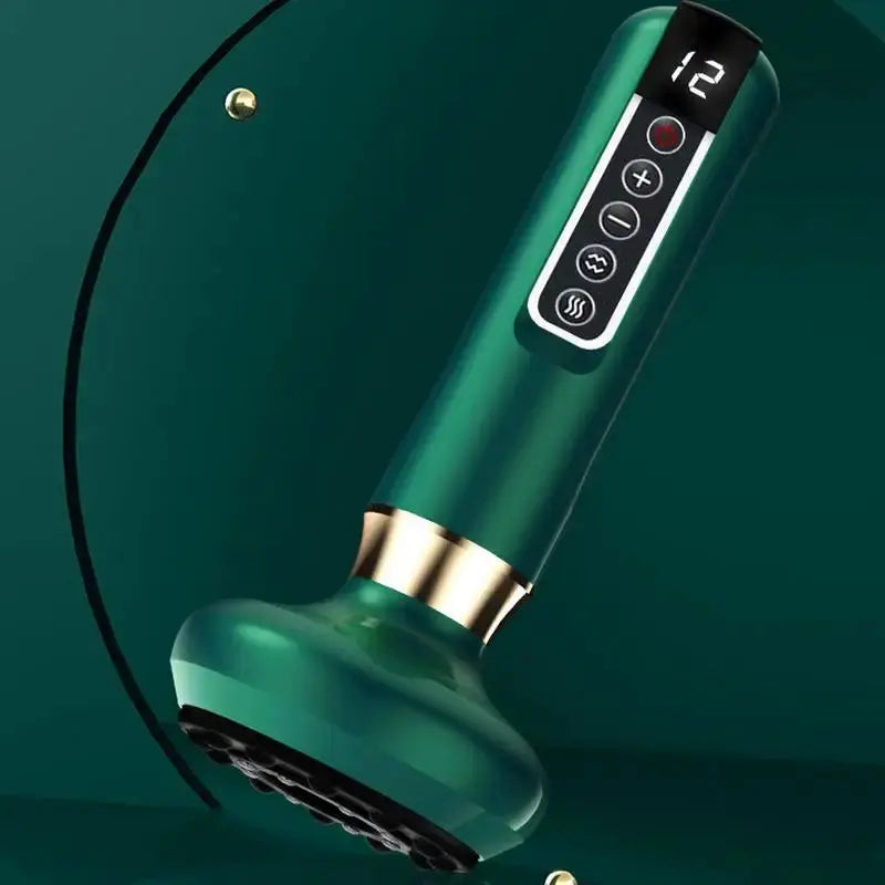 Simples Market handheld anti-cellulite massager with hot compress and electric suction cup, green body, digital control.