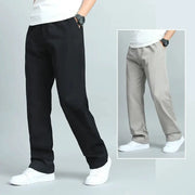 Big Size Men's Casual Cotton Trousers by Simples Market; loose-fit straight pants in black and beige with pockets
