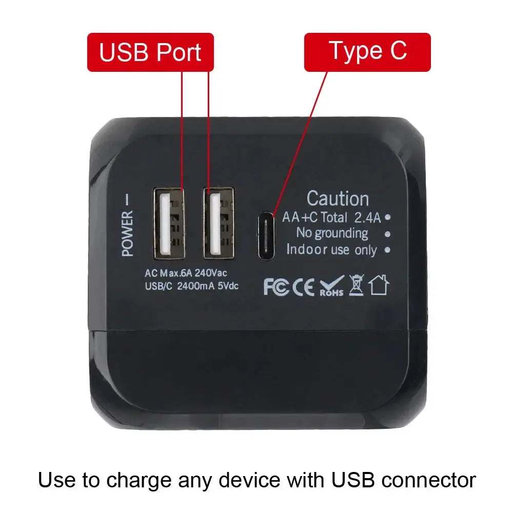 TravelMate All In One Wall Travel Charger Adapter With Worldwide Plugs And Universal US EU UK AU 2 USB Ports Type C